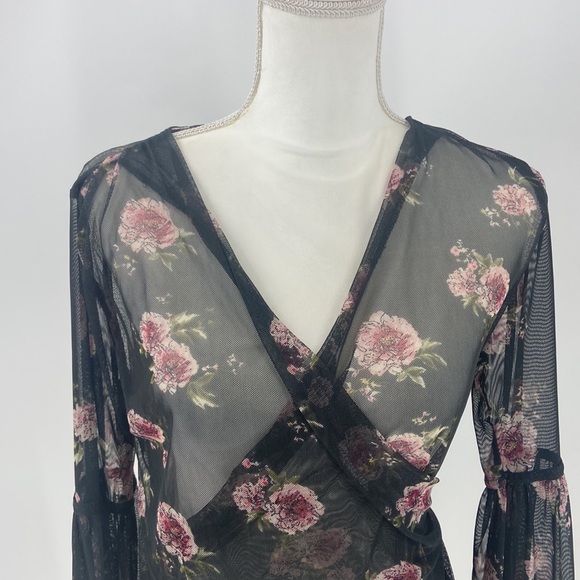 Bongo sheer romantic roses faux wrap blouse Gothic wide bell sleeve large - Picture 2 of 16